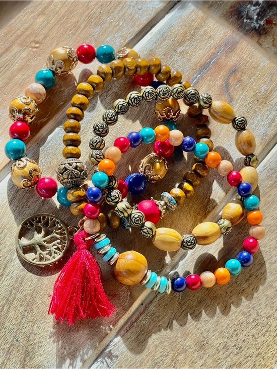 Jewelry - Handcrafted Colorful Beaded Bracelet Stack with Red Tassel & Tree of Life Chatms